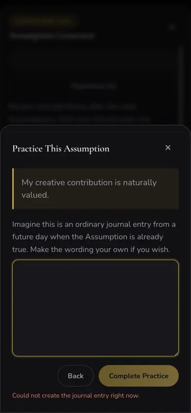 Assumption Practice Future Journal screen in Neville AI