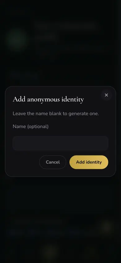 Community Add Anonymous Identity screen in Neville AI