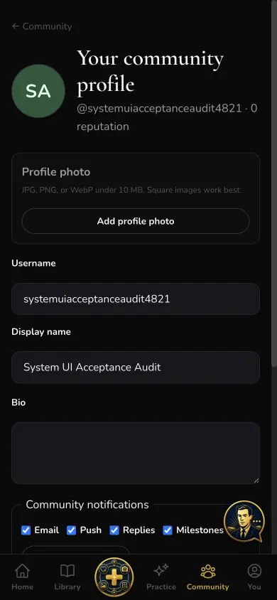 Community Profile screen in Neville AI