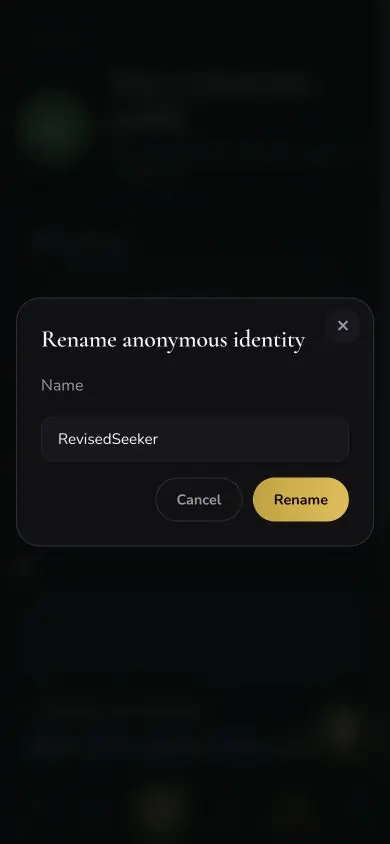 Community Rename Anonymous Identity screen in Neville AI