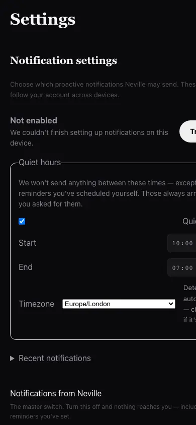 Notifications Device Unregistered screen in Neville AI