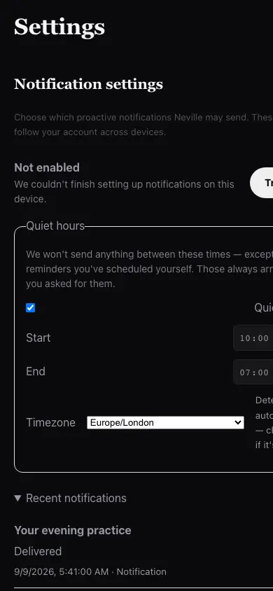 Notifications Recent screen in Neville AI