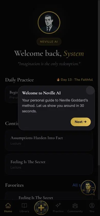 Onboarding Tour 01 screen in Neville AI