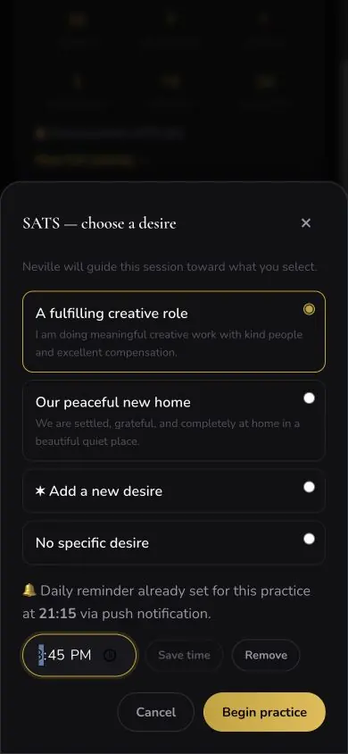 Practice Reminder Edit Time screen in Neville AI