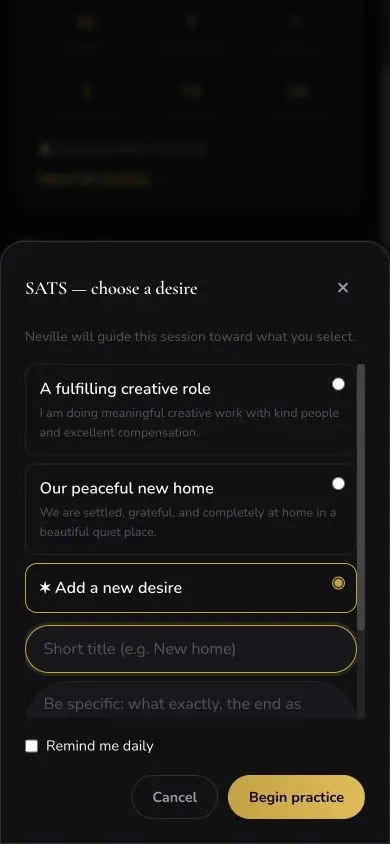 Practice Setup New Desire screen in Neville AI
