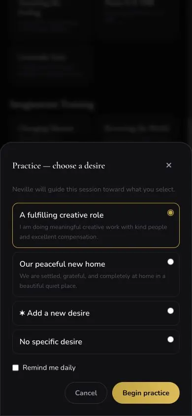 Practice Technique 16 Meditation screen in Neville AI