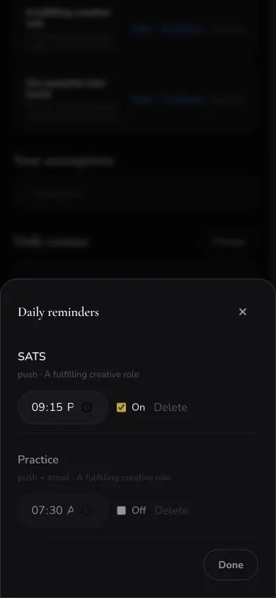 Reminders Manager screen in Neville AI