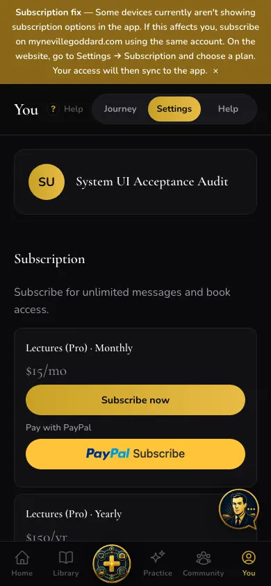 Settings Web Subscription Prices screen in Neville AI