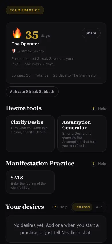 Streak Sabbath Available screen in Neville AI