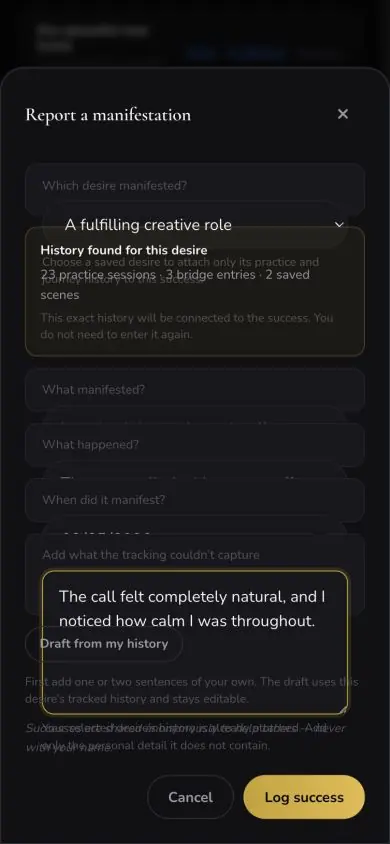 Success Report Linked History screen in Neville AI