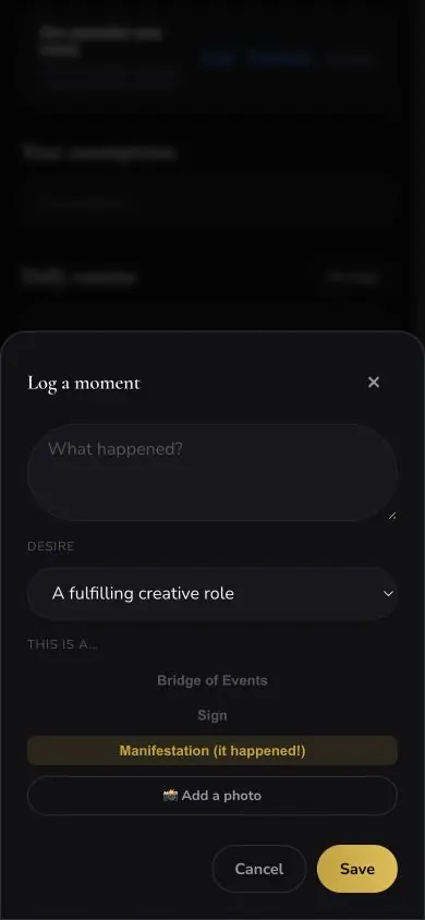 Track Moment Manifestation screen in Neville AI