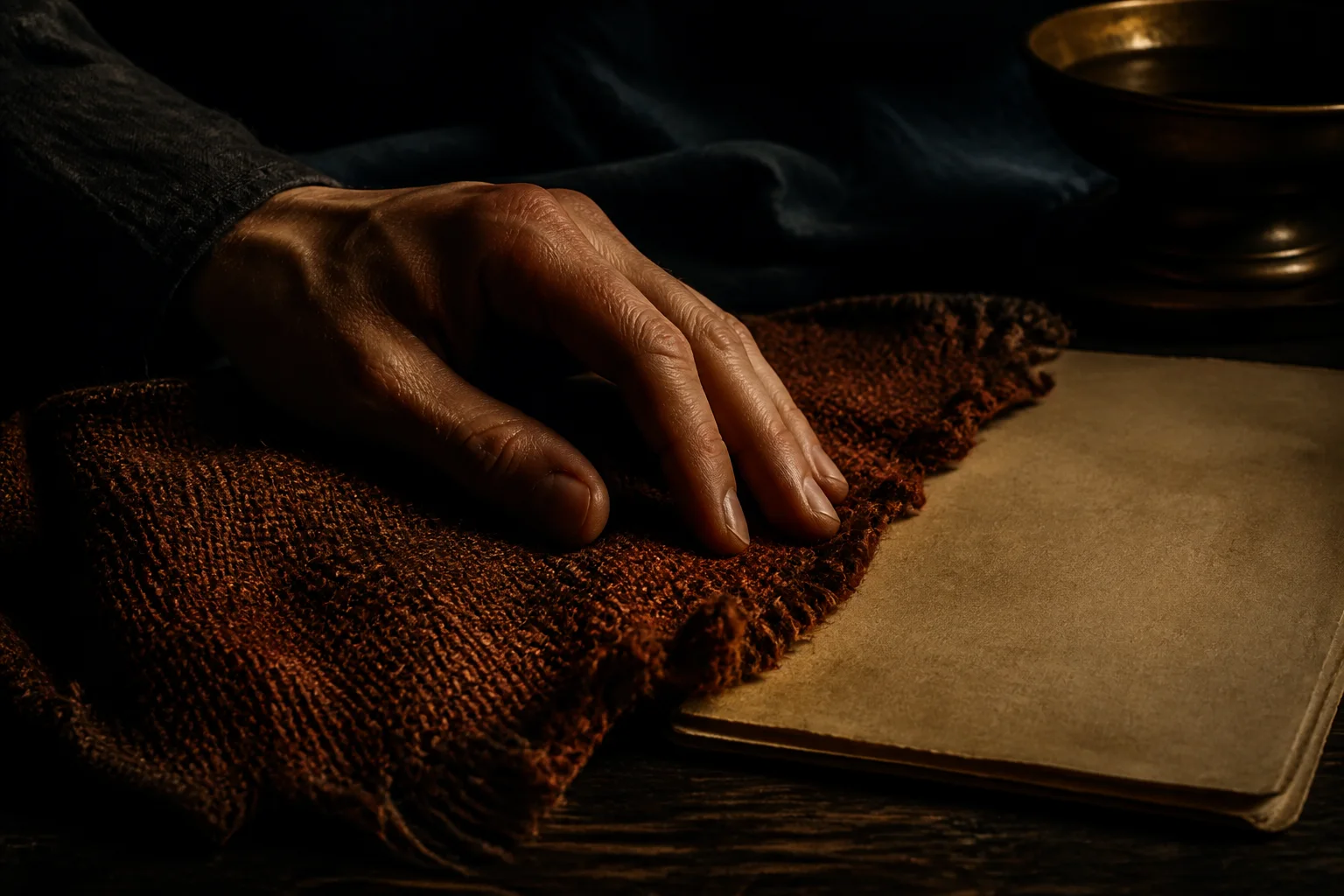 A hand feeling rough reddish woven cloth beside a smooth aged page in low golden light