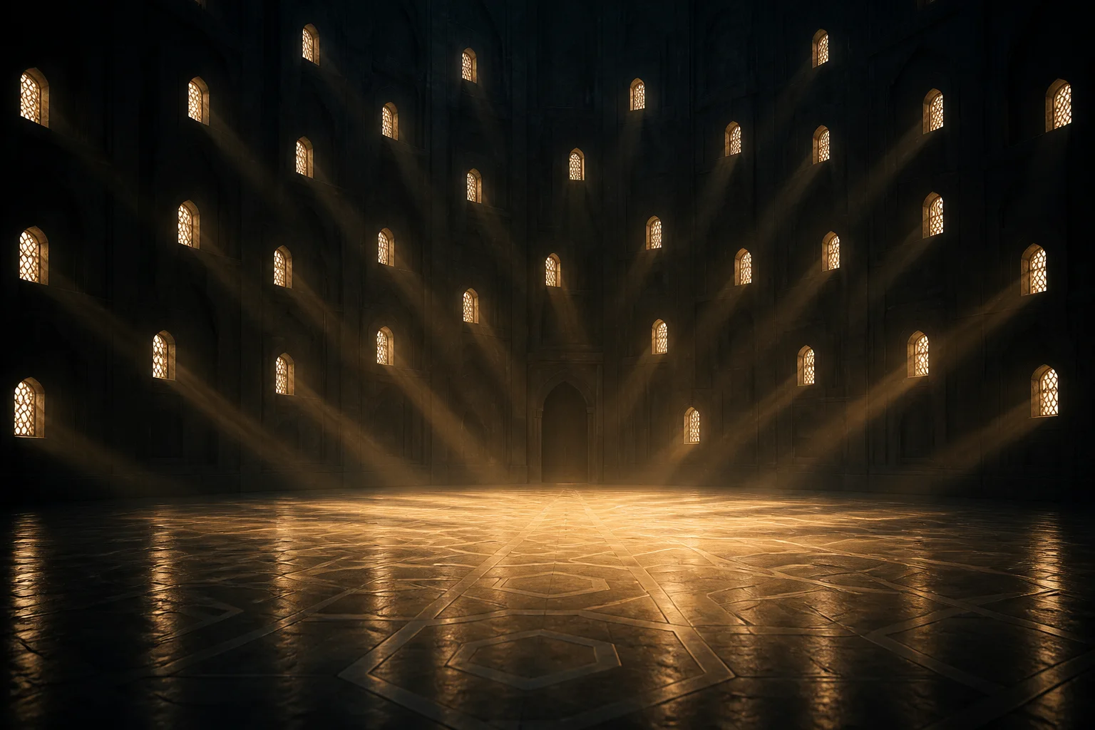 Many illuminated windows contributing to one continuous golden field of light