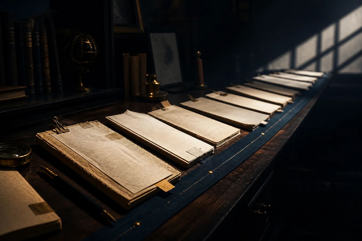 Archival lecture pages passing a decisive band of window light in a dark chronological study